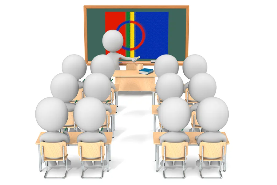 Illustrasjon av klasserom med samisk flagg på tavla