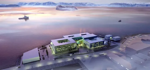 Illustrasjon av nye Hammerfest sykehus i fugleperspektiv.