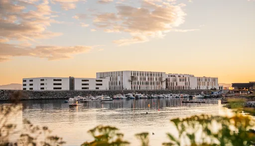 En vannmasse med bygninger langs den